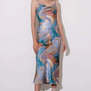 Micas Satin Marble-Print Slip Dress in Teal & Gold Size Medium